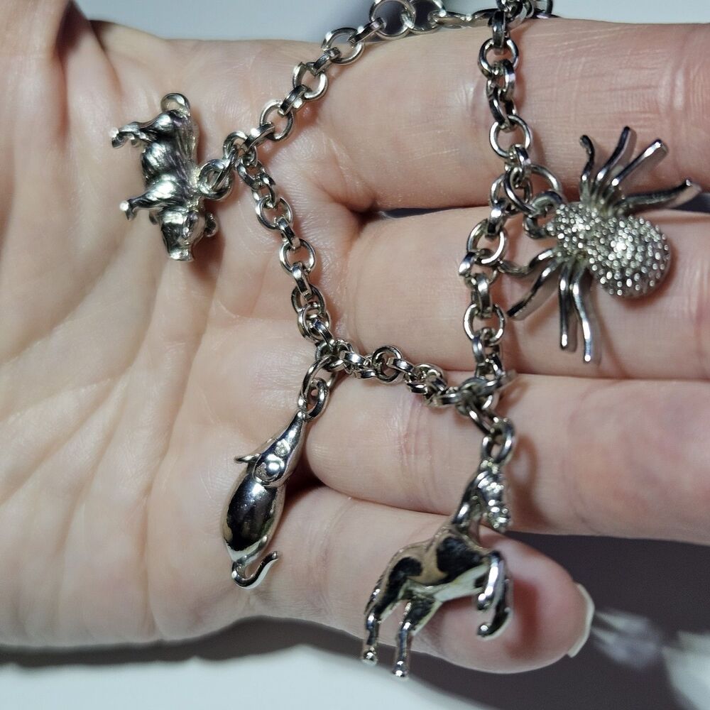 Silver Tone Spider Pig Mouse Horse Charm Toggle Bracelet 6" Small Size